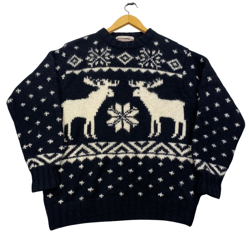 Vintage 90s Heather Tweed Moose Fair Isle Sweater Mens L Hand Knit Shetland Wool